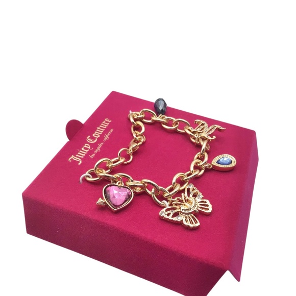 Juicy Couture Gold Charm Bracelet • Purple Heart, Butterfly, Blue Teardrop - Picture 3 of 6
